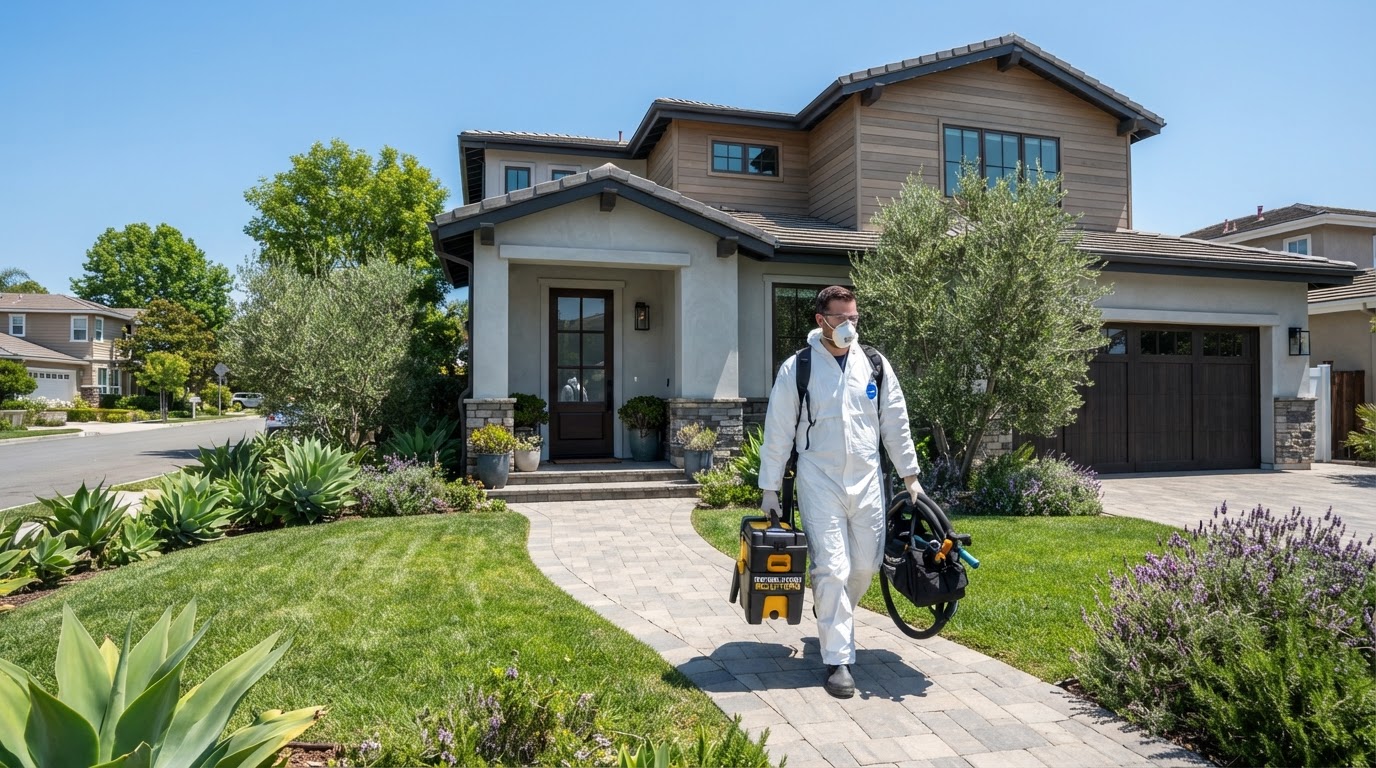 Certified mold remediation technician arriving at a California home to begin an inspection and removal service