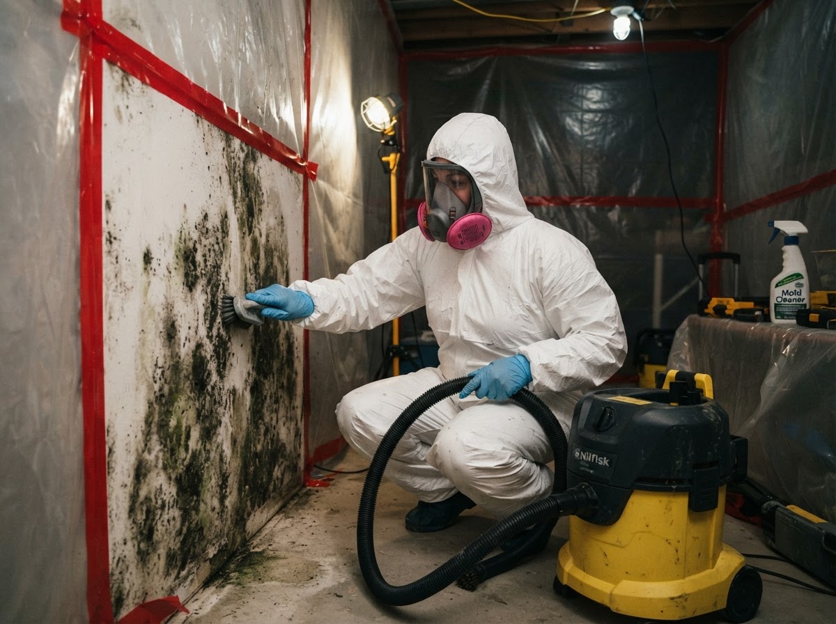 Mold remediation technician performing a full-service mold removal in a California home